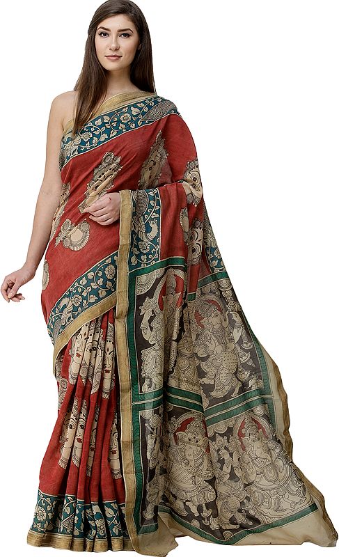 Rust Kalamkari Sari from Telangana with Goddess Laxmi and Lord Ganesha on Pallu