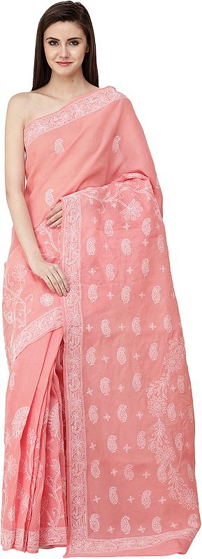 Coral-Pink Lukhnavi Chikan Sari with Hand-Embroidered Paisleys and Flowers on Pallu