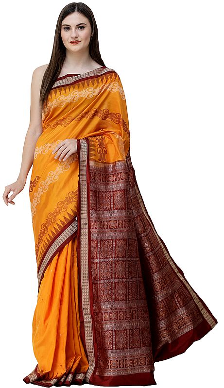 Dark-Cheddar Bomkai Handloom Sari from Orissa with Box Design on Pallu and Temple Border