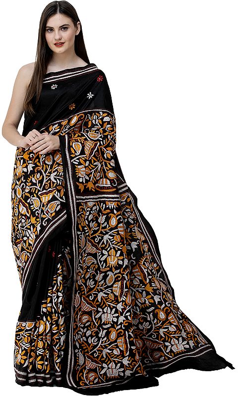 Caviar-Black Sari from Kolkata with Floral Kantha-Embroidery by Hand