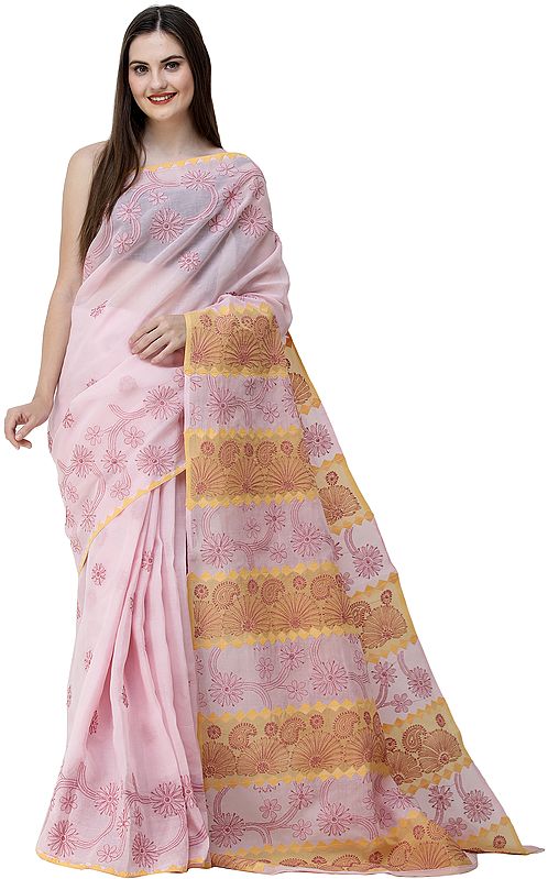 Blushing-Bride Lukhnavi Chikan Sari with Hand-Embroidered Paisleys and Flowers on Pallu