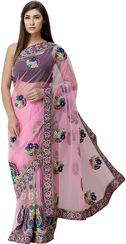 Bright-Pink Sari with Aari-Embroidered Border and Crystal Studded Floral Motifs