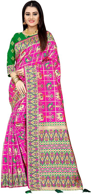 Gharchola Sari from Gujarat with Zari-Woven Elephants and Peacocks