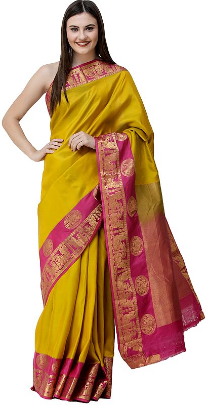 Freesia-Yellow Handloom Sari from Bangalore with Peacocks on Border and Zari-Woven Pallu