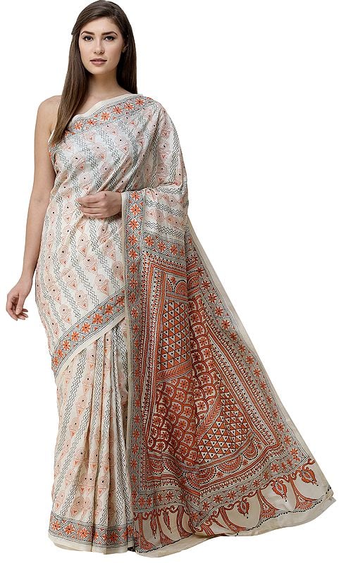 Bleached-Sand Sari from Kolkata with Floral Kantha-Embroidery by Hand