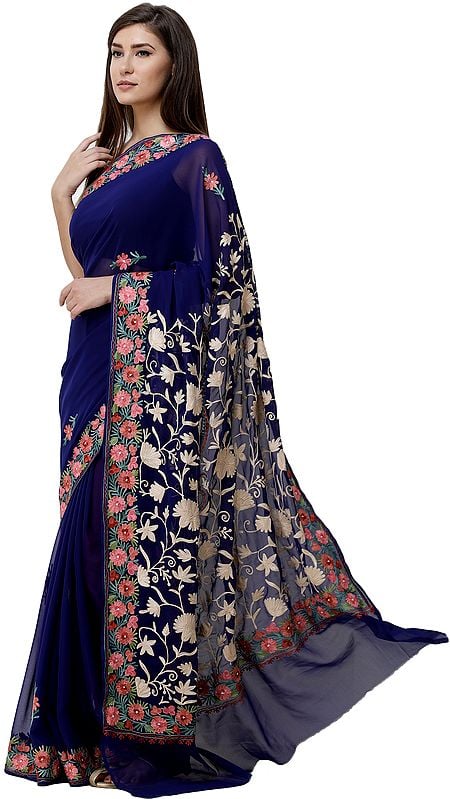 Mazarine-Blue Sari from Kashmir with Aari-Embroidered Multicolor Flowers
