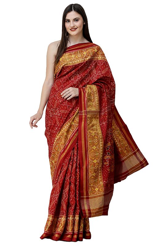 American-Beauty Paan Patola Sari from Patan with Ikat Weave and Tissue Border