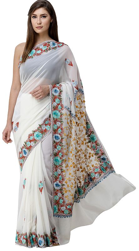 Cream Sari from Kashmir with Aari-Embroidered Multicolor Flowers