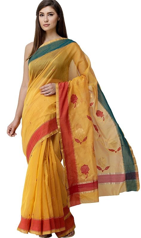 Apricot Chanderi Saree from Madhya Pradesh with Zari-Woven Border and Floral Bootis