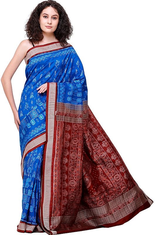 Directoire-Blue Sambhalpuri Handloom Sari from Orissa with Ikat Weave and Rudraksha Border