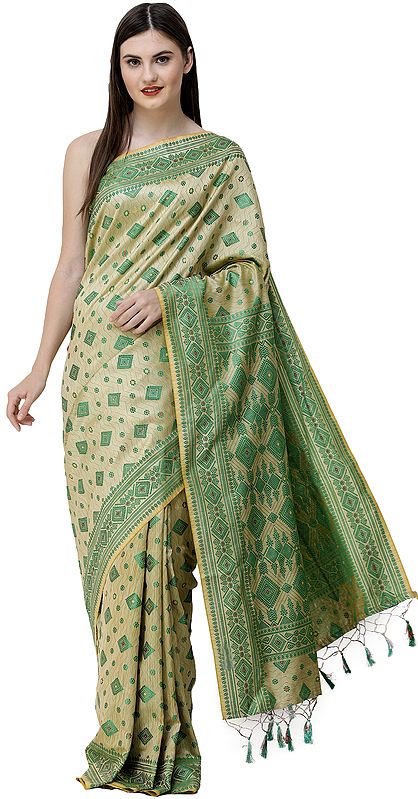 Reed-Yellow and Green Sari from Assam with Woven Motifs