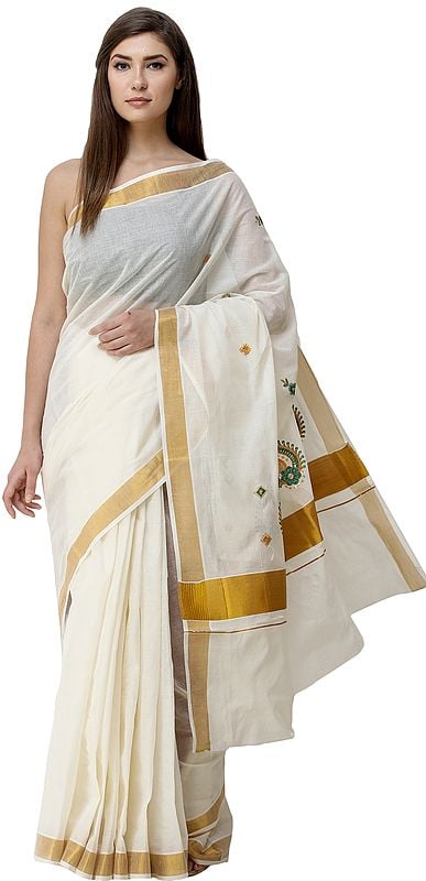 Cream Kasavu Sari from Kerala with Embroidered  Motifs and Golden Border