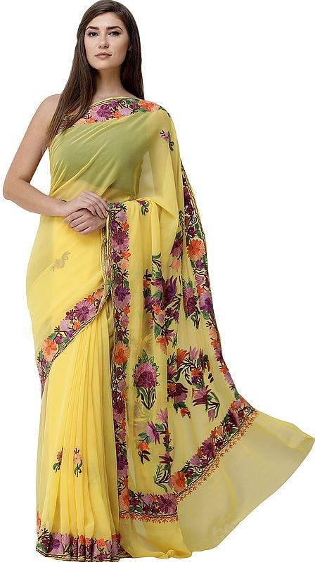 Empire-Yellow  Sari from Kashmir with Aari-Embroidered Multicolor Flowers