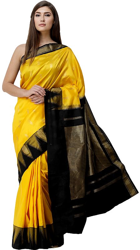 Freesia-Yellow Uppada Sari from Bangalore with Zari Woven Bootis and Temple Border