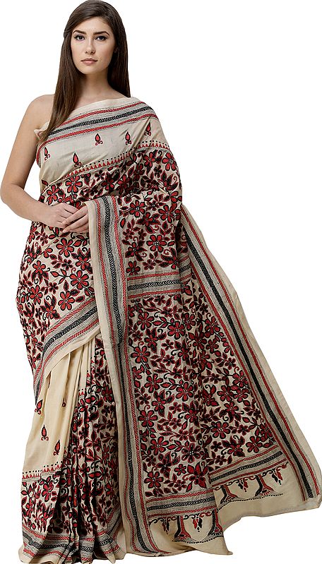 Bleached-Sand Sari from Bengal with Kantha Hand-Embroidered Flowers All-Over