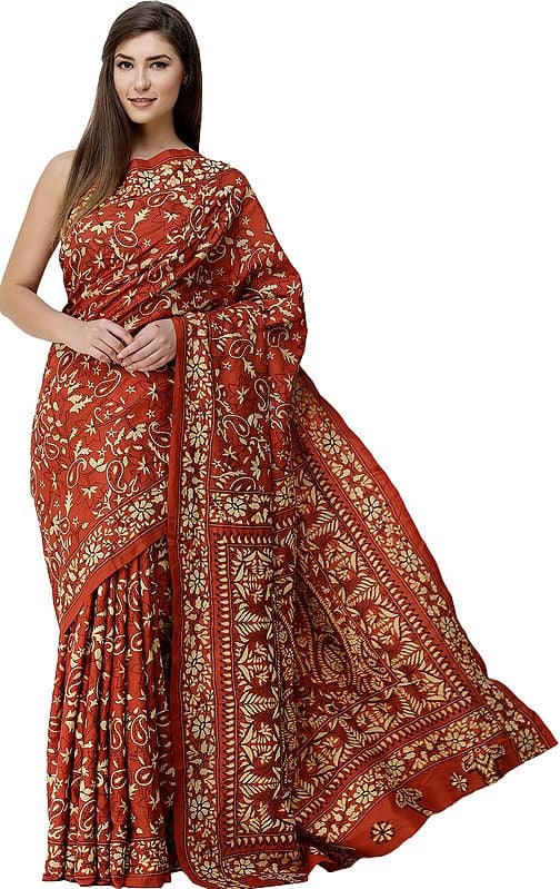 Burnt-Ochre Sari from Bengal with Dense Kantha Hand-Embroidered Flowers All-Over