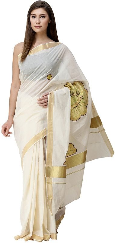 Banana-Cream Kasavu Sari from Kerala with Embroidered Giant Floral Patches and Golden Border