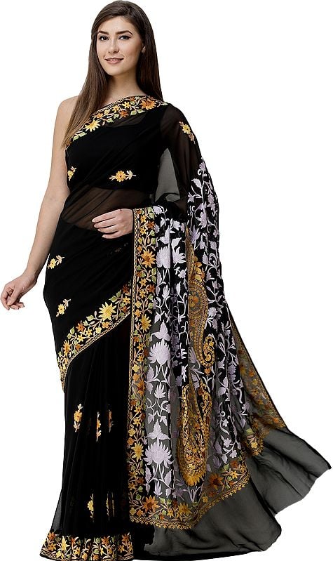 Pirate-Black Sari from Kashmir with Aari-Embroidered Flowers and Paisleys
