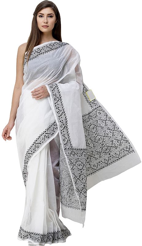 Snow-White Sari from Bengal with Kantha Hand-Embroidery on Border and Pallu
