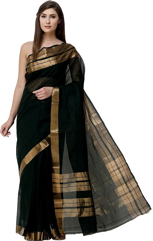 Green-Gabbles Sari from Andhra with Woven Border and Stripped Pallu