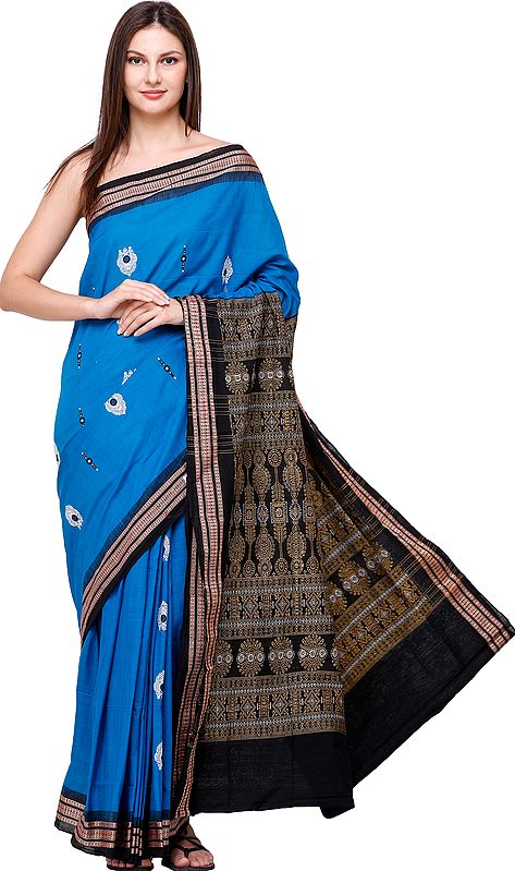 Swedish-Blue Bomkai Sari from Orissa with Motifs and  Hand-Woven Bootis on Pallu