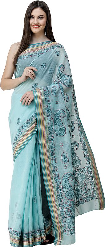 Blue-Tint Lukhnavi Chikan Sari from Lucknow with Hand-Embroidered Paisleys and Woven Border