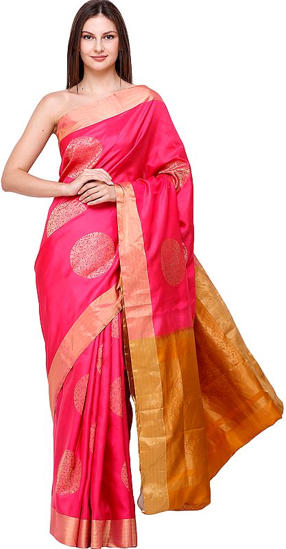 Raspberry-Pink Brocaded Uppada Sari from Bangalore with Hand-Woven Giant Bootis