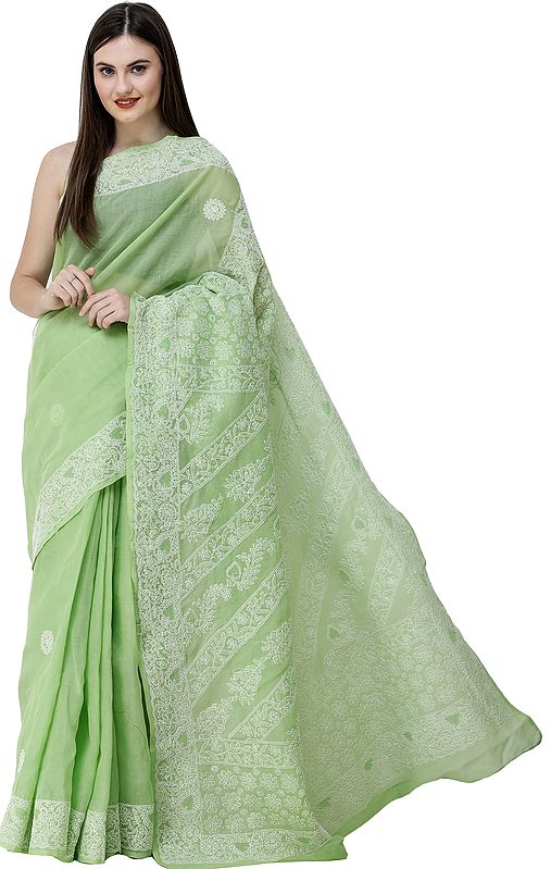 Arcadian-Green Sari from Lucknow with Chikan Hand-Embroidered Flowers on Anchal