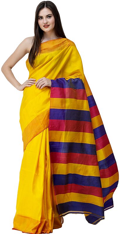 Gold-Fusion Katan Sari from Bengal with Multicolor Woven Strips on Pallu