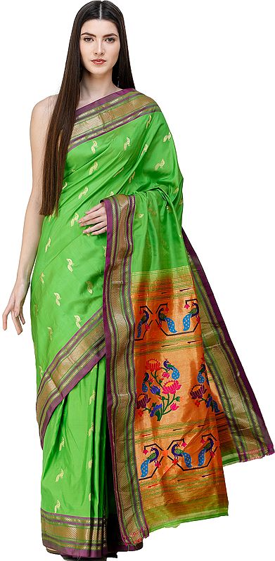 Classic-Green Brocaded Paithani Sari with Hand-woven Peacocks and Lotuses