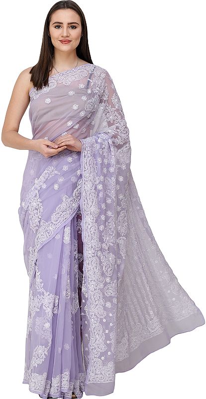 Heirloom-Lilac Sari from Lucknow with Chikan Hand-Embroidered Flowers and Paisleys