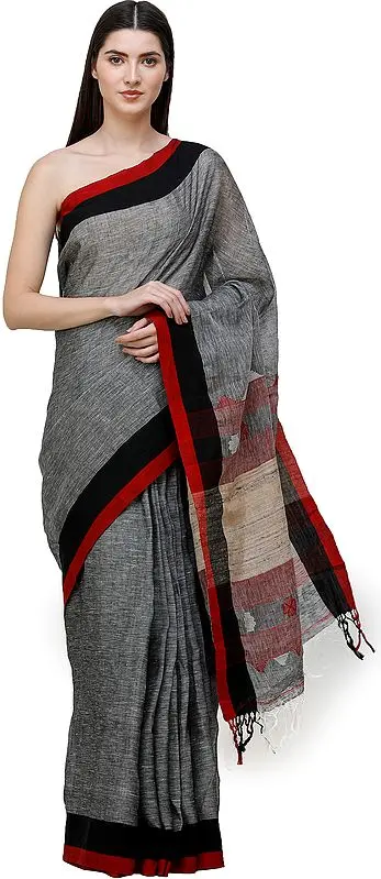 Slate-Gray Handloom Sari from Bengal with Jute Weave on Pallu
