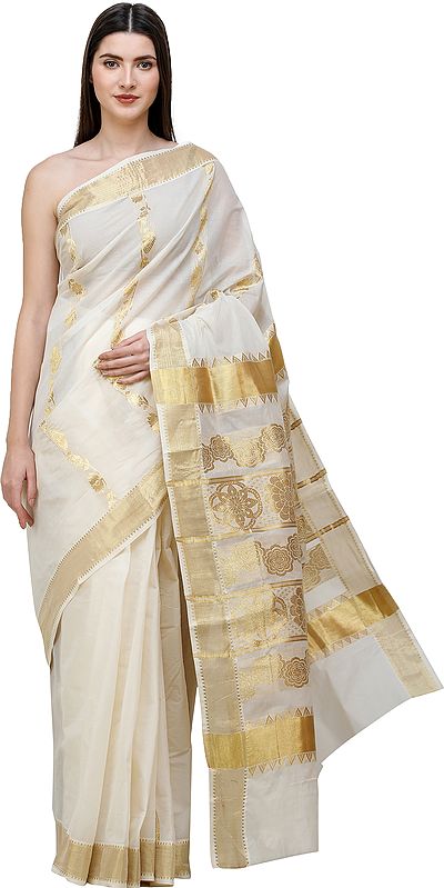 Cream Kasavu Sari from Kerala with Woven Golden Flowers on Anchal and Temple Border