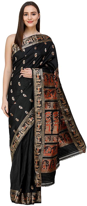 Jet-Black Baluchari Sari from Bengal with Woven Mythological Episodes on Anchal