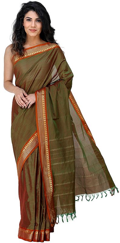 Kanji-Cotton Saree from Chennai with Zari-Woven Animals on Border and Pin-Stripes