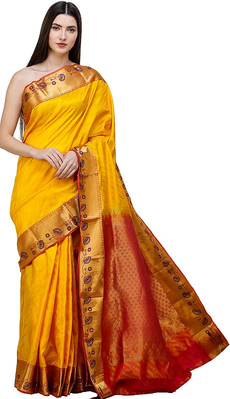 Lemon-Chrome Brocaded Sari from Bangalore with Self-Weave and Lotuses on Border