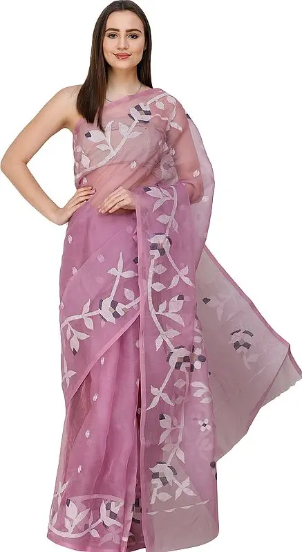 Violet-Tulle Muslin Jamdani Sari from Bengal with Woven Flowers
