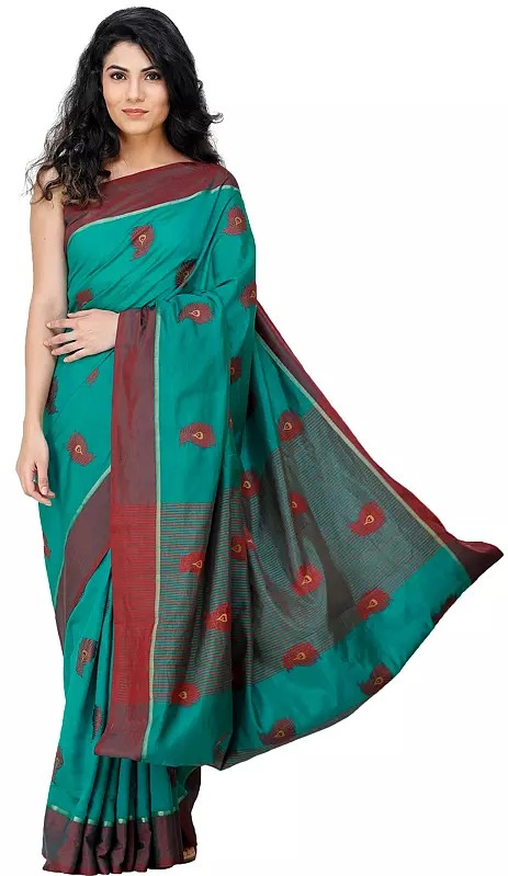 Kanji Cotton Sari from Tamil Nadu with Woven Peacock Feathers All-Over