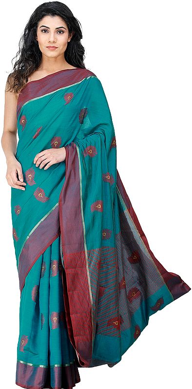 Kanji Cotton Sari from Tamil Nadu with Woven Peacock Feathers All-Over