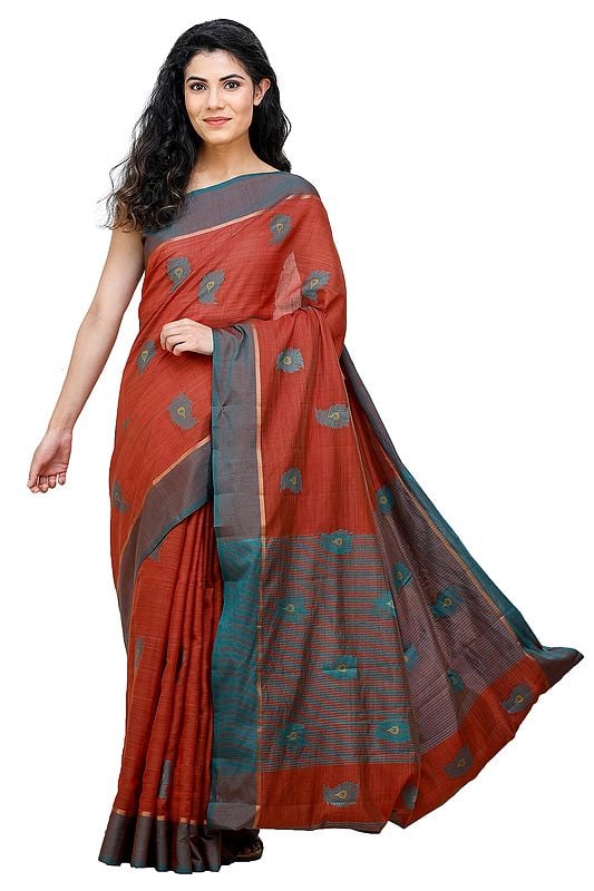 Kanji Cotton Sari from Tamil Nadu with Woven Peacock Feathers All-Over