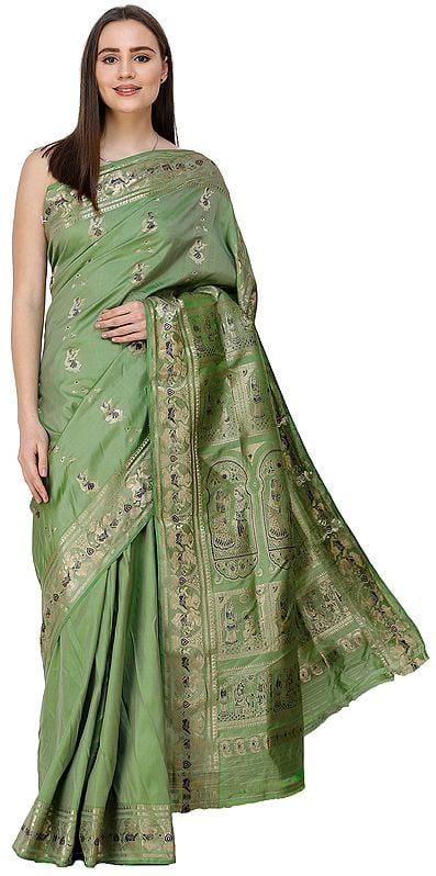 Green-Eyes Baluchari Saree from Bengal with Hand-Woven Mahabharta Episodes on Anchal