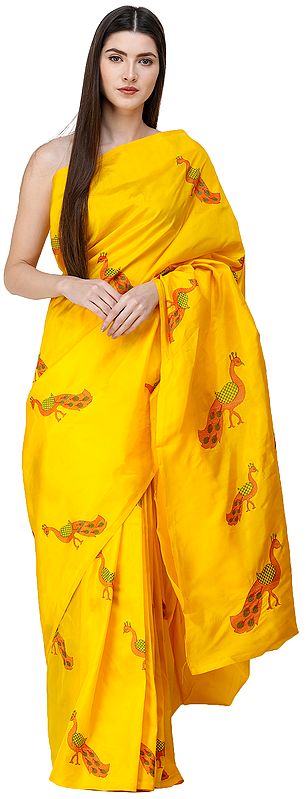 Lemon-Chrome Sari from Kanjivaram with Embroidered Peacocks