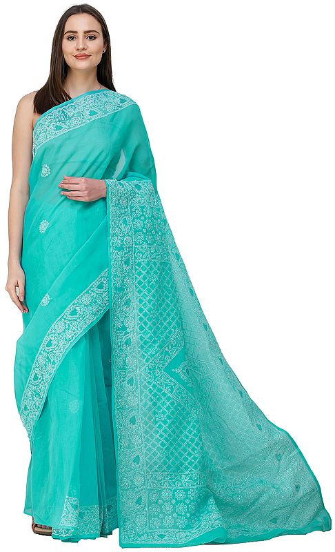 Bright-Aqua Saree from Lucknow with Chikan Hand-Embroidered Jaal
