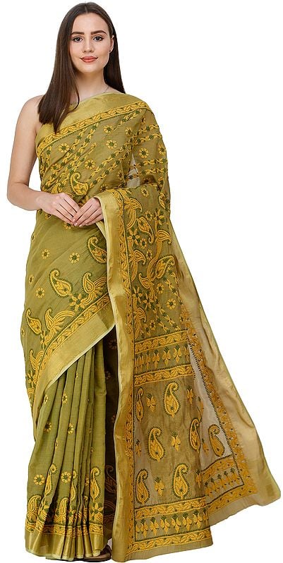 Willow-Green Saree from Lucknow with Golden Border and Chikan Hand-Embroidery
