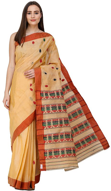 Apricot-Cream Sari from Assam with Woven Motifs on Anchal