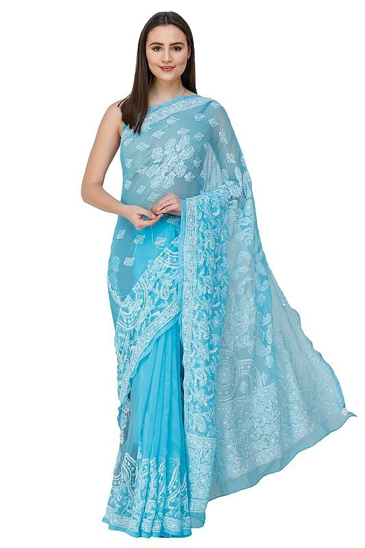 River-Blue Saree from Lucknow with Chikan Hand -Embroidery