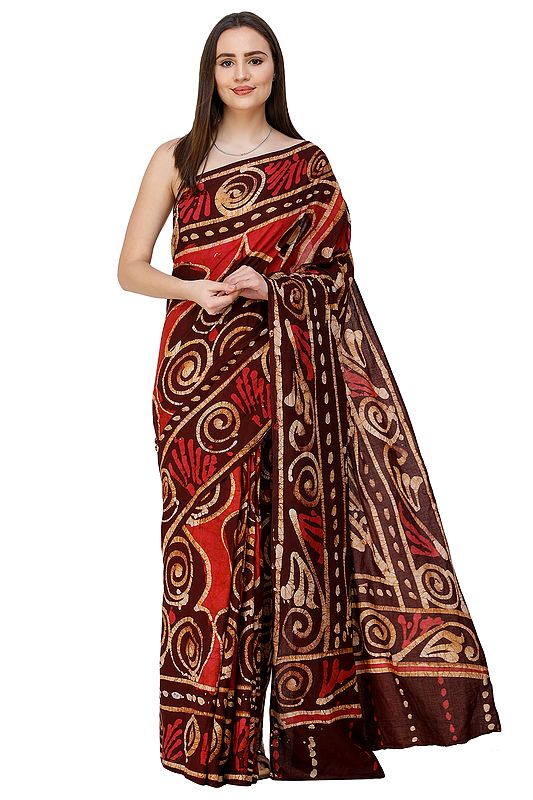 Chocolate-Truffle Sari from Madhya Pradesh with Original Batik Print