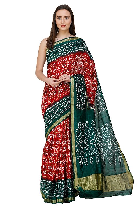 Verdant-Green and Bright-Rose Gharchola Bandhani Sari from Rajasthan with Zari Thread Weave