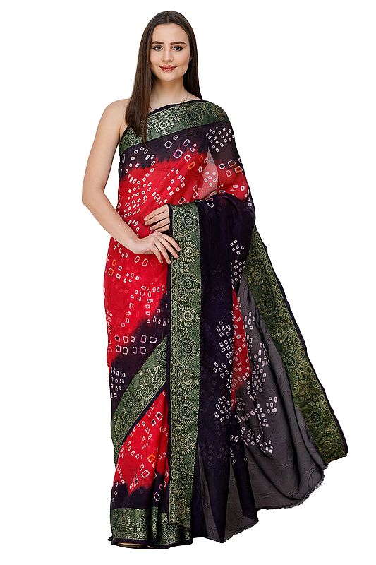 Bright-Rose and Violet Bandhani Sari from Rajasthan with Zari Weave on Border