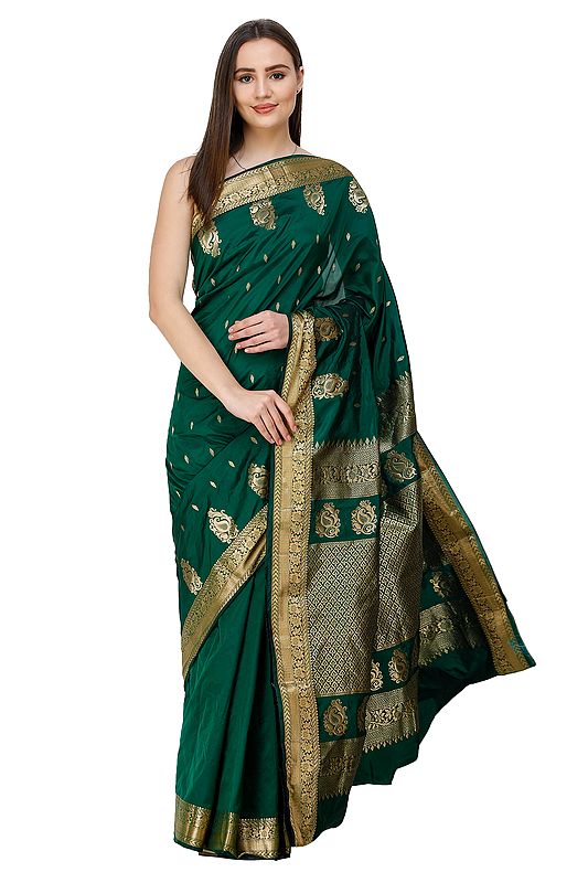 Verdant-Green Uppada Handloom Sari from Bangalore with Golden Bootis